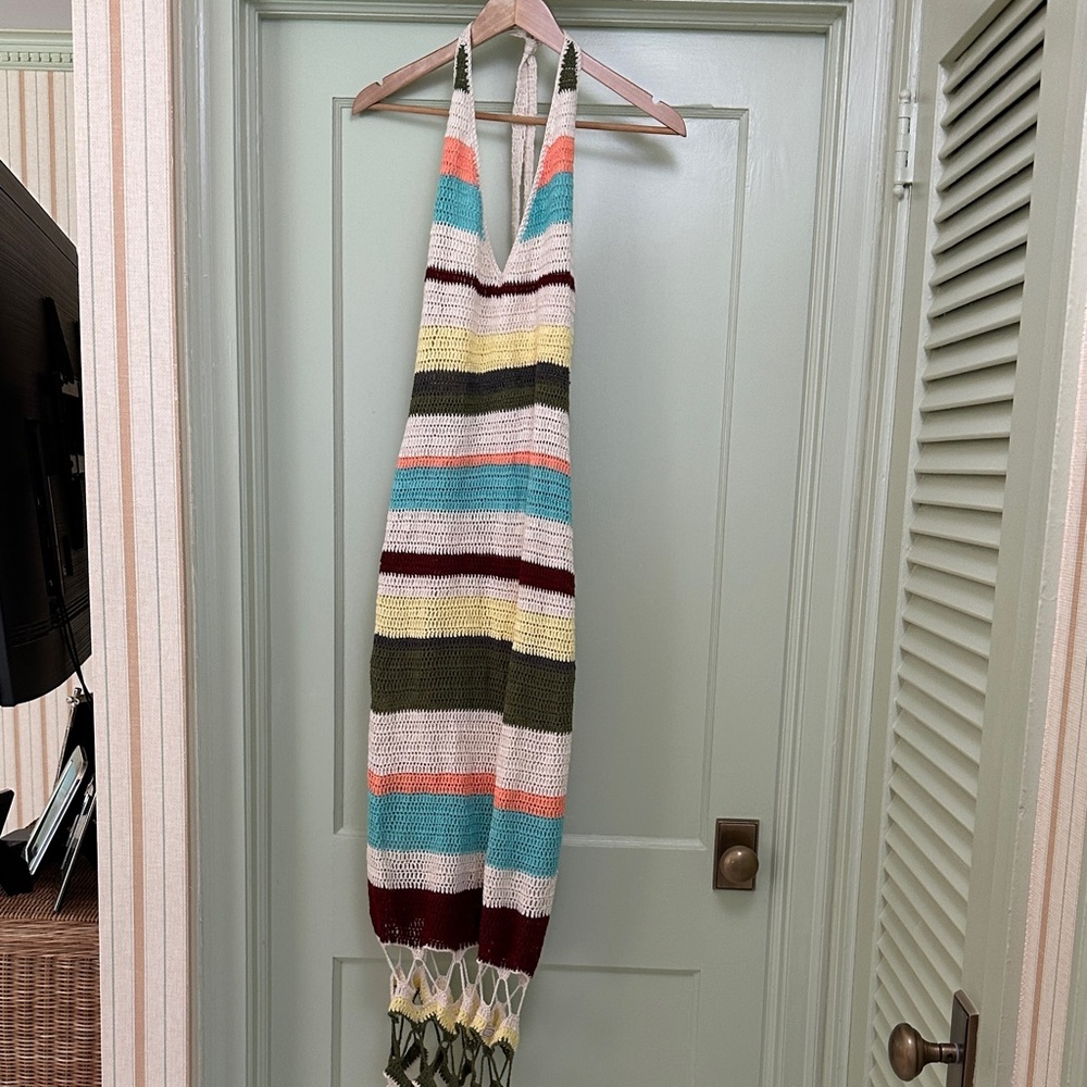 Handmade Crochet Multicolor Striped Knit Halter Dress